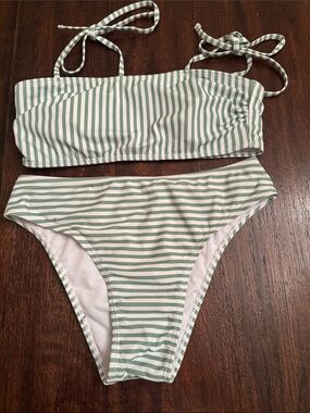 Green & White Striped Bikini Set
